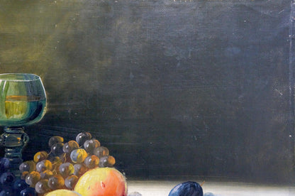 Oil painting Sweet Joy: glass of golden white wine with purple yellow grapes