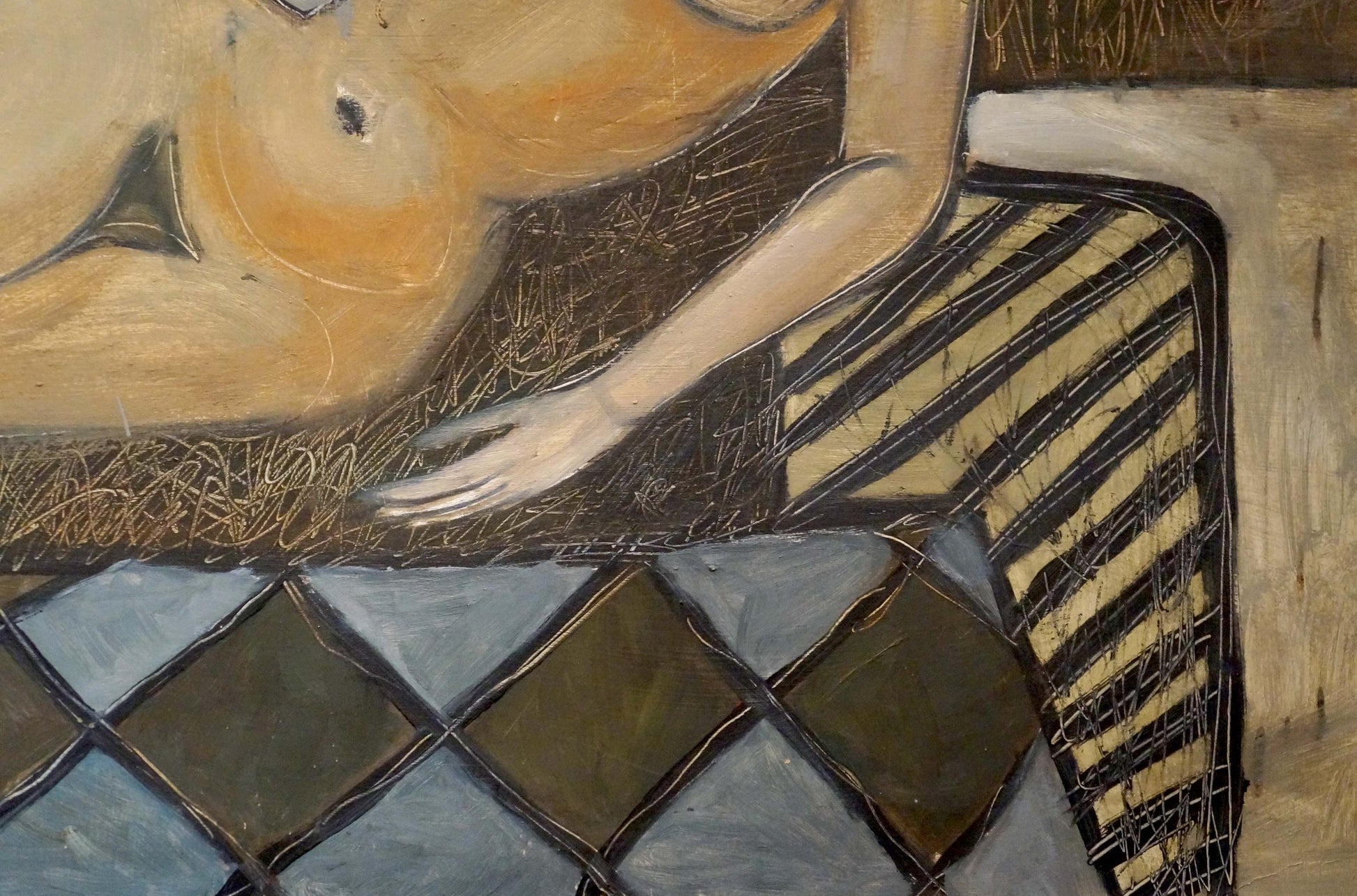 Painting of female figure by Latvian artist Reemtsma reclining on stripes