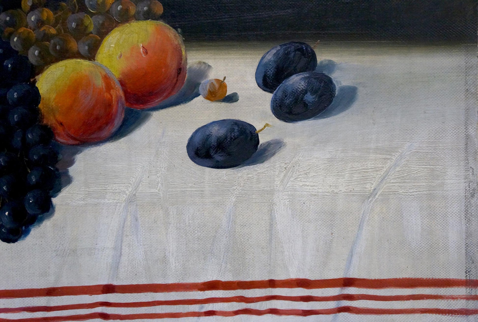 Oil painting Sweet Joy Grape: purple grapes, golden grapes, peaches on striped cloth