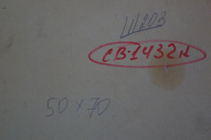 Close-up of red cb:1432 stamp circled on back of Sevastyanov oil painting