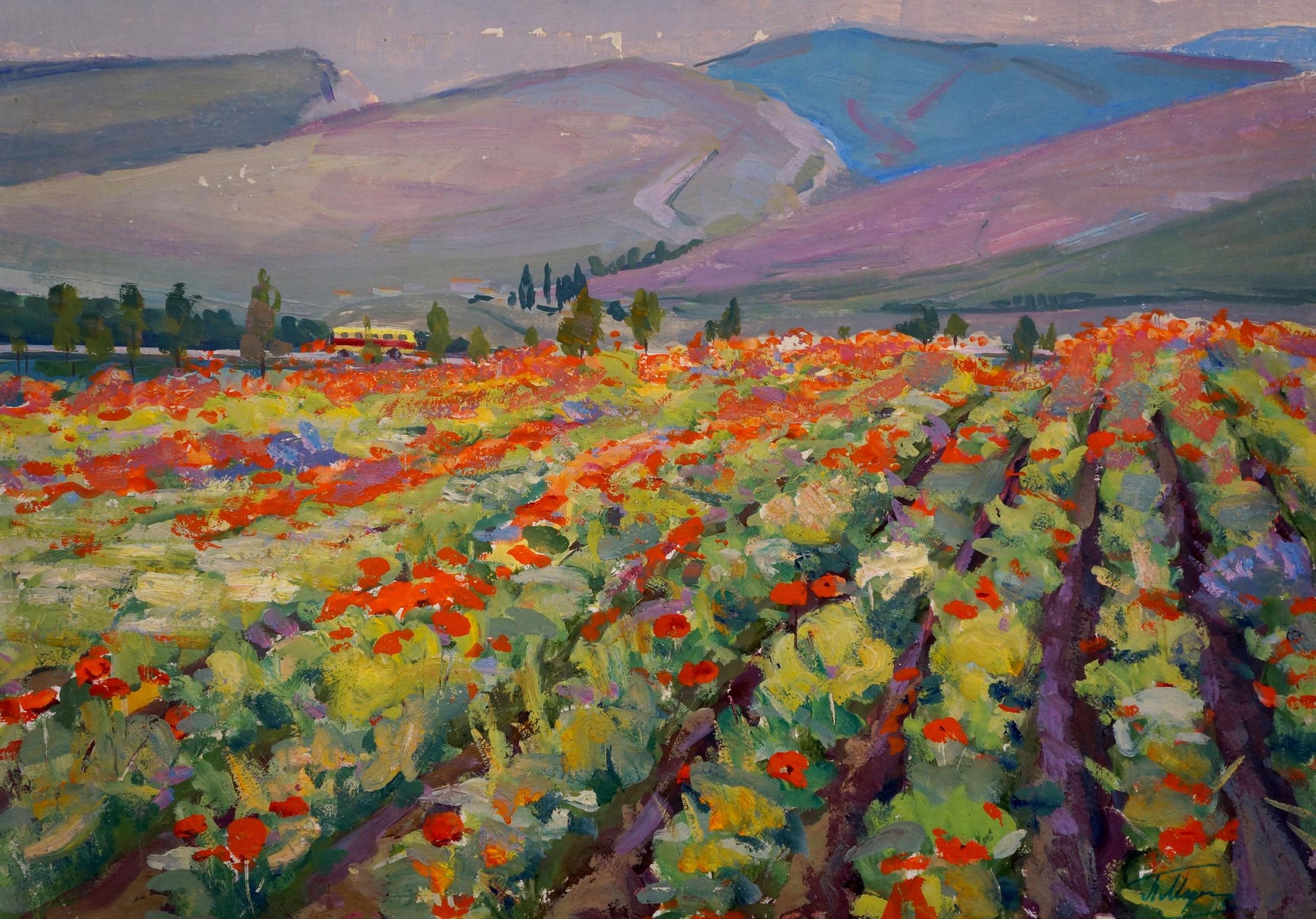 Oil painting of vibrant red orange poppy field by Miroshnichenko Pavel Petrovich