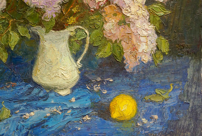 Cream-colored ceramic pitcher with embossed texture in Olkhov Flowers painting