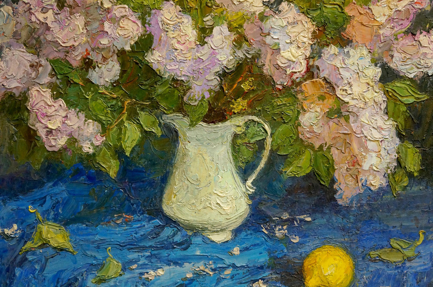 Creamy ceramic pitcher with lilac blossoms by Olkhov Vladimir Nikolaevich