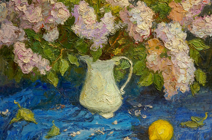 Creamy ceramic pitcher with lilac blossoms by Olkhov Vladimir Nikolaevich