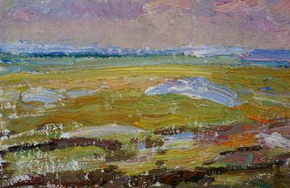 Textured oil painting of sunset through birches by Viktor Grigorievich Sevastyanov