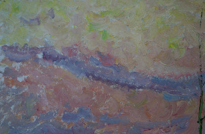 Abstract oil painting Sunset through the birches by Viktor Grigorievich Sevastyanov in pastel hues
