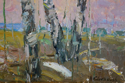 Impressionistic oil painting of birch trees at sunset by Viktor Grigorievich Sevastyanov