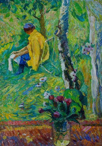 Vibrant oil painting by Sevastyanov Viktor Grigorievich: man in yellow coat in garden