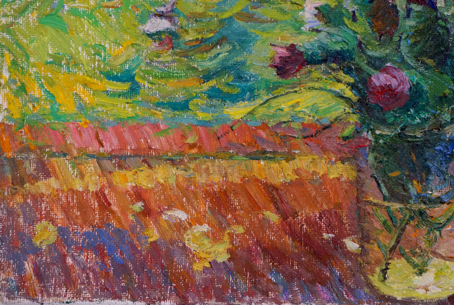 Vibrant impressionist oil painting of man in garden by Sevastyanov Viktor Grigorievich