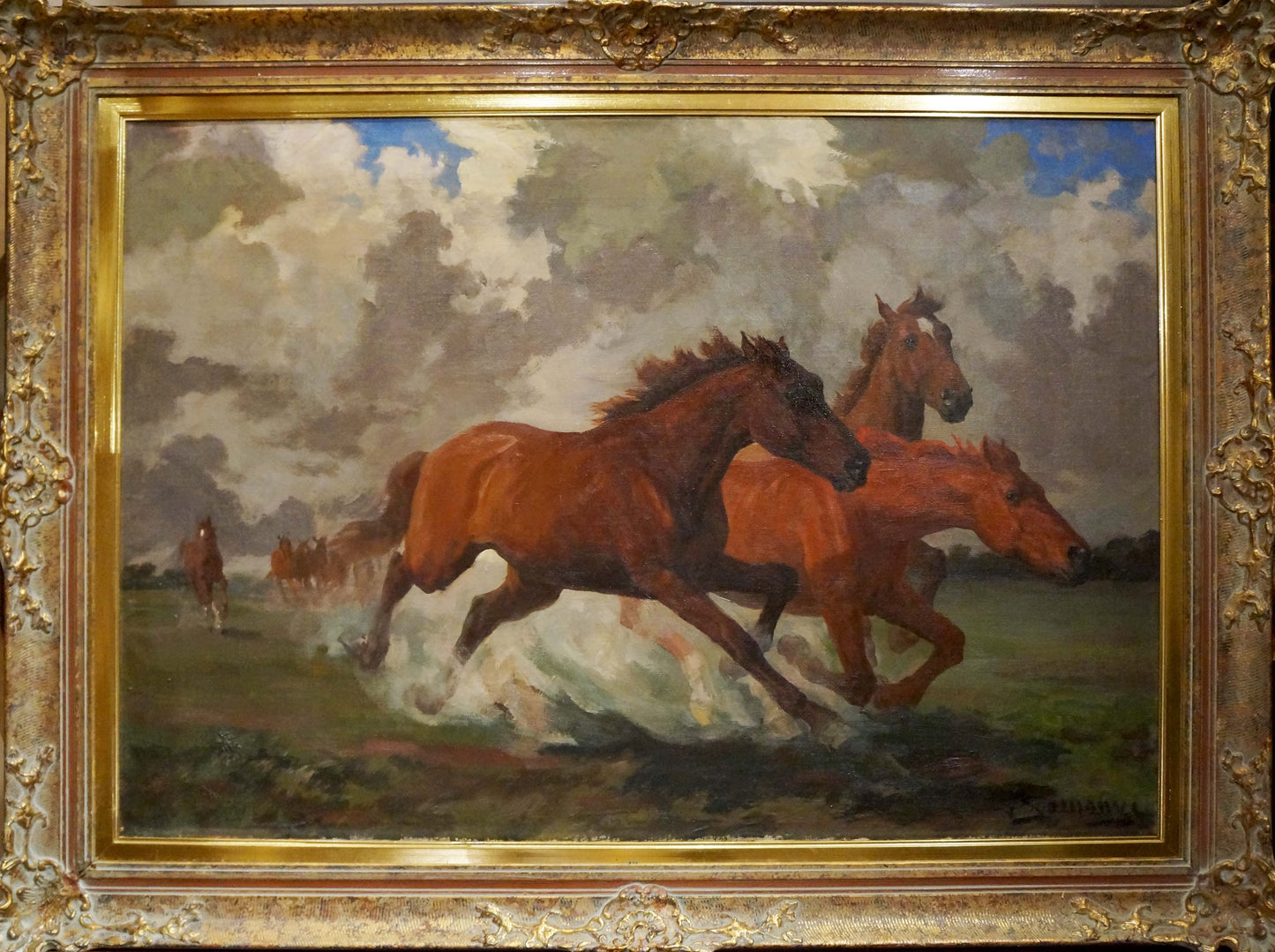 Oil painting of three brown horses galloping in field, ornate gold frame