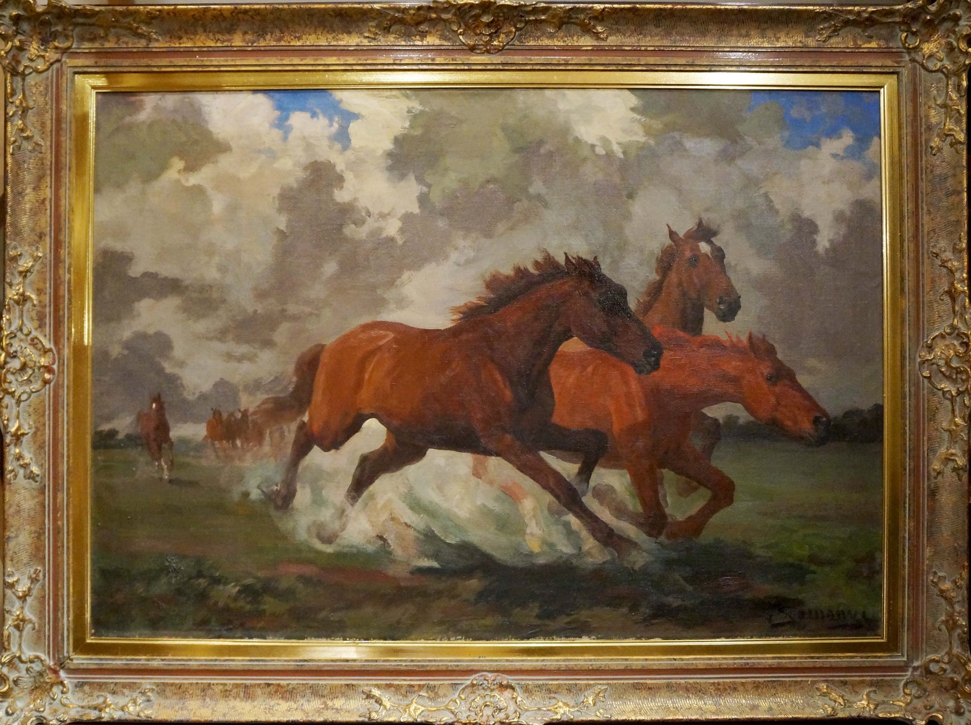 Oil painting of three brown horses galloping in field, ornate gold frame