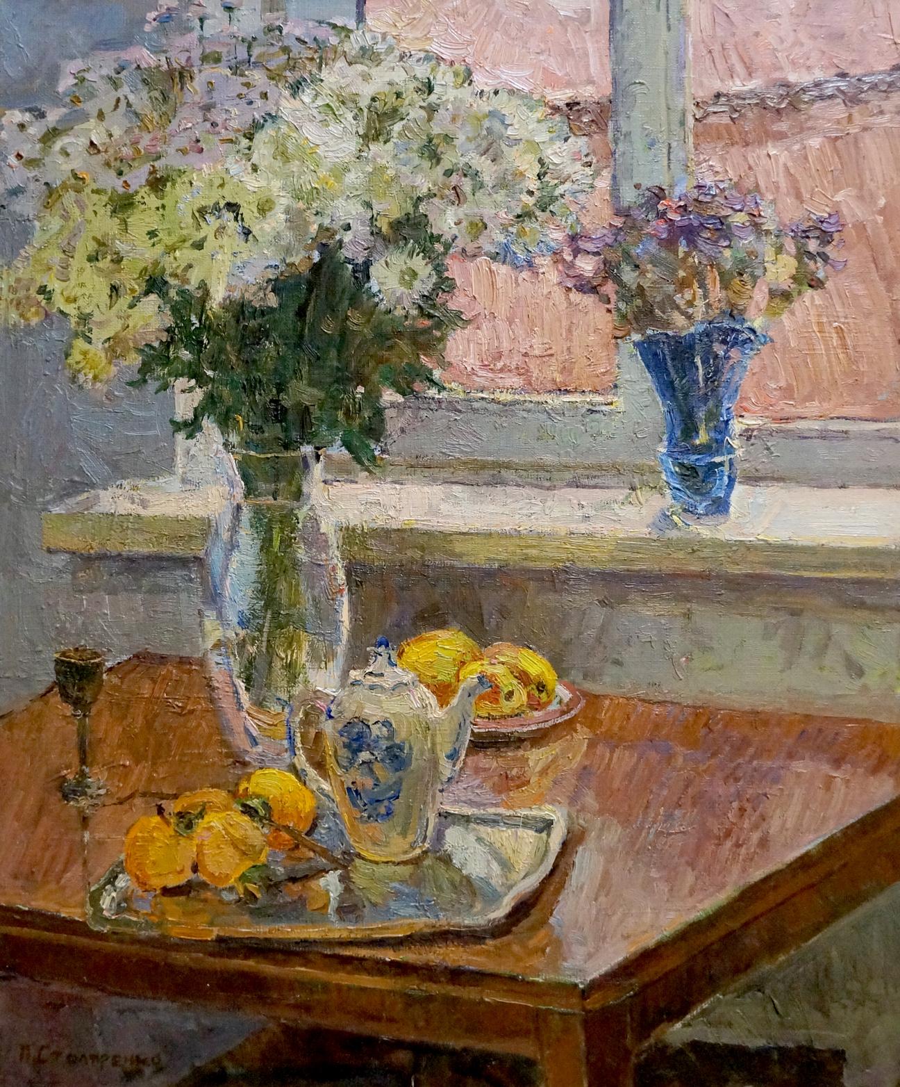 Oil painting of delicate porcelain teapot with blue floral patterns by Petr Kuzmich Stolyarenko