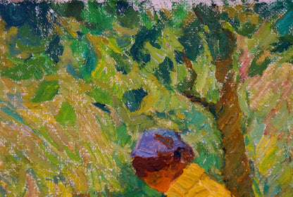 Vibrant impressionist oil painting by Sevastyanov Viktor Grigorievich: man in purple orange clothes in lush green garden foliage