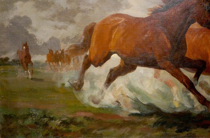 Dynamic oil painting of horse running mid-gallop in misty landscape