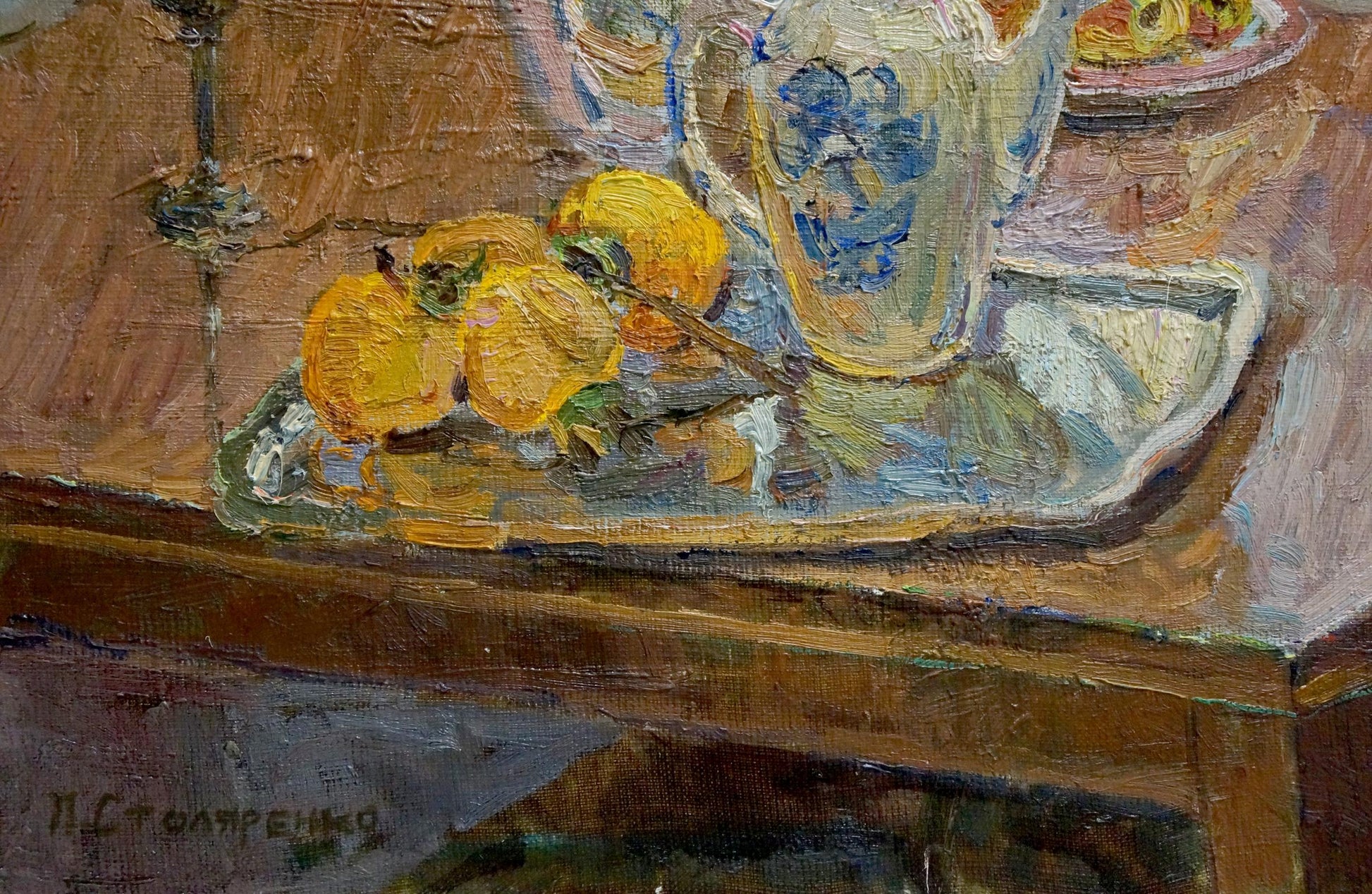 Oil painting of blue floral pitcher with yellow fruits by Petr Kuzmich Stolyarenko