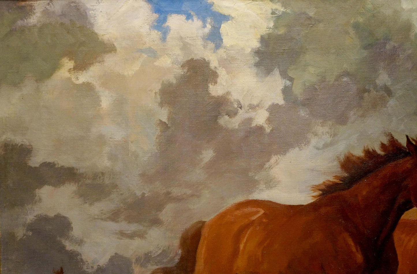 Impressionistic oil painting of rich brown horse running with flowing mane amid clouds