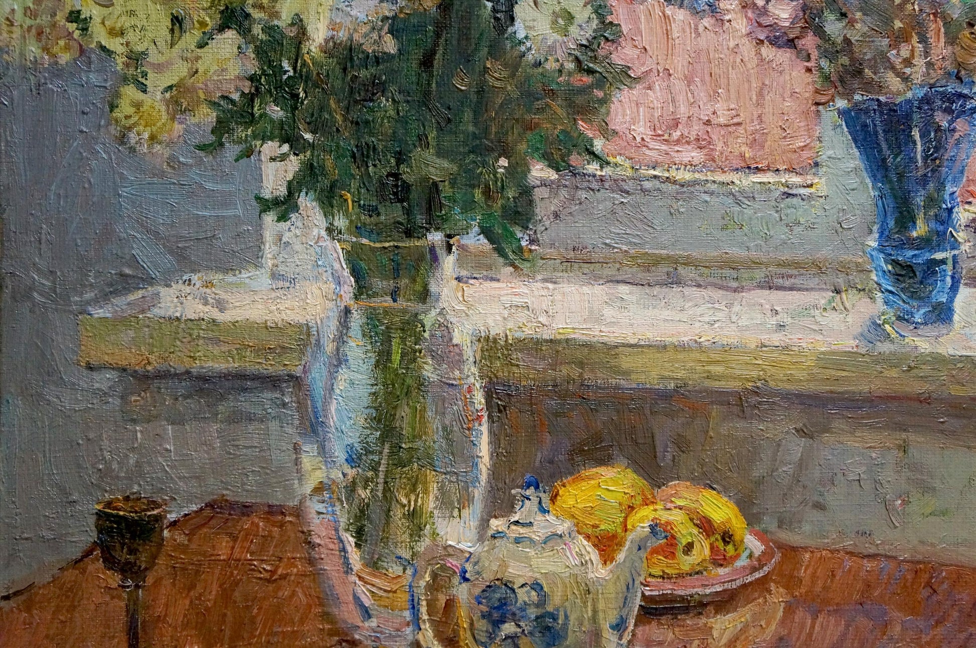 Oil painting by Petr Kuzmich Stolyarenko: translucent blue vase with white flowers