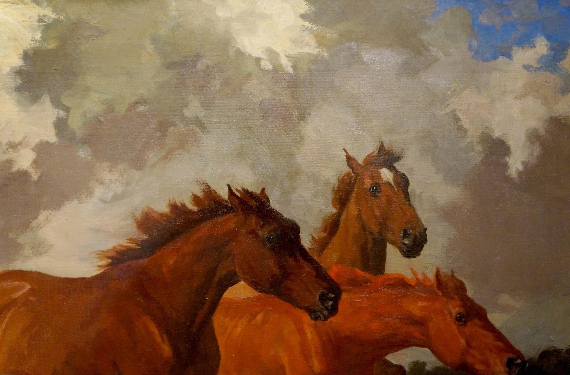 Oil painting of three chestnut horses running with flowing manes
