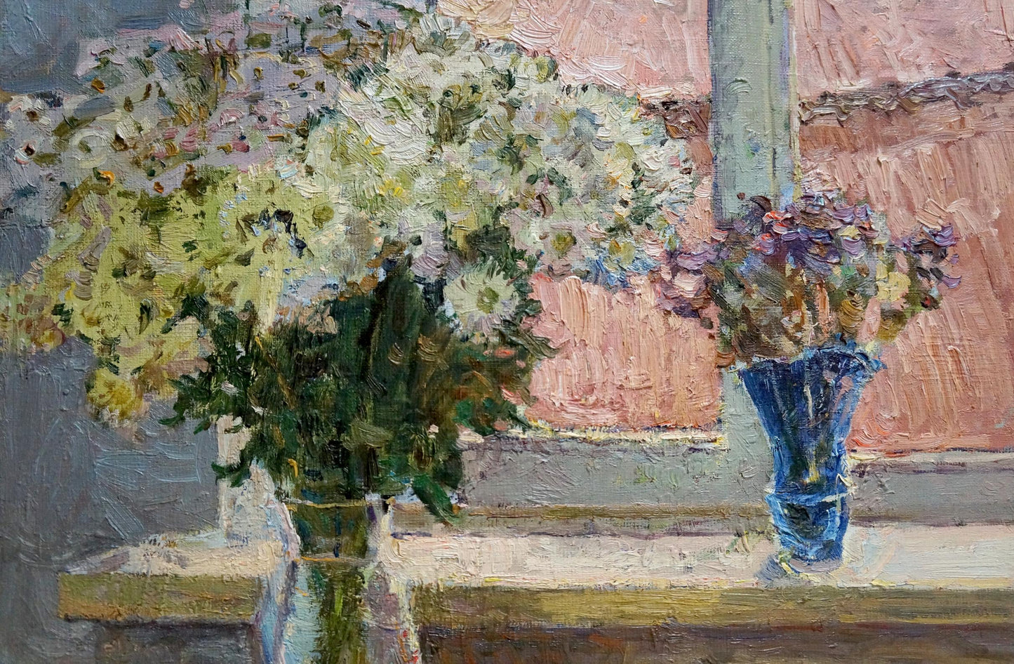 Oil painting of vibrant blue glass vase with purple and white flowers by Petr Kuzmich Stolyarenko