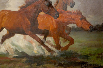 Oil painting of three brown horses galloping across field