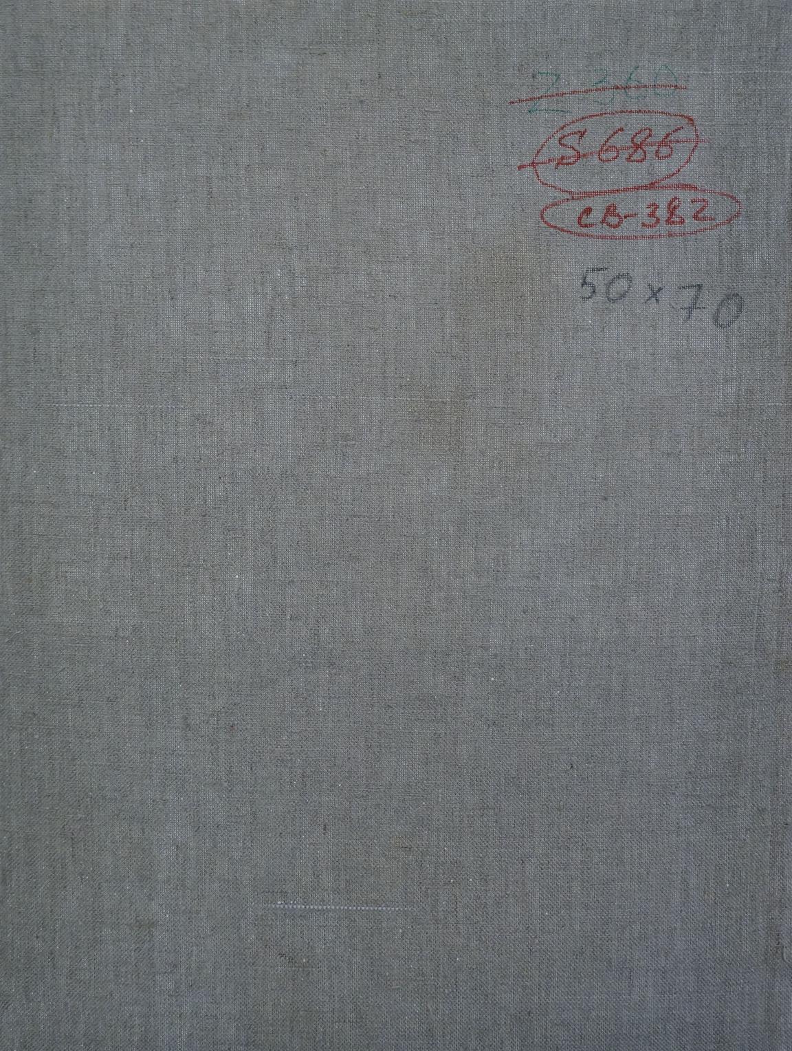 Back of Sevastyanov Viktor Grigorievich oil painting Man in the garden on gray fabric with red ink measurements
