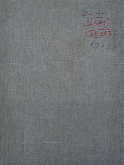 Back of Sevastyanov Viktor Grigorievich oil painting Man in the garden on gray fabric with red ink measurements
