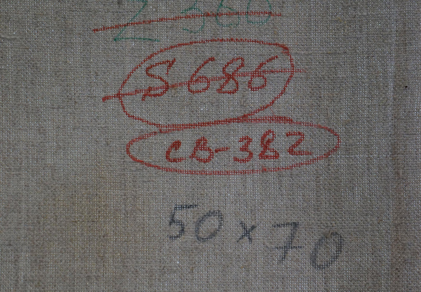 Back of Sevastyanov Viktor Grigorievich oil painting on gray fabric with red green markings