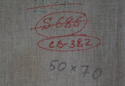 Back of Sevastyanov Viktor Grigorievich oil painting on gray fabric with red green markings
