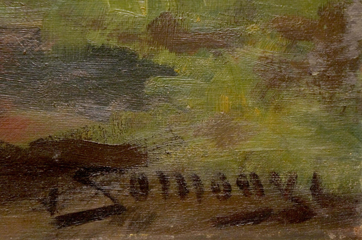Textured oil painting of running horse in green brown landscape