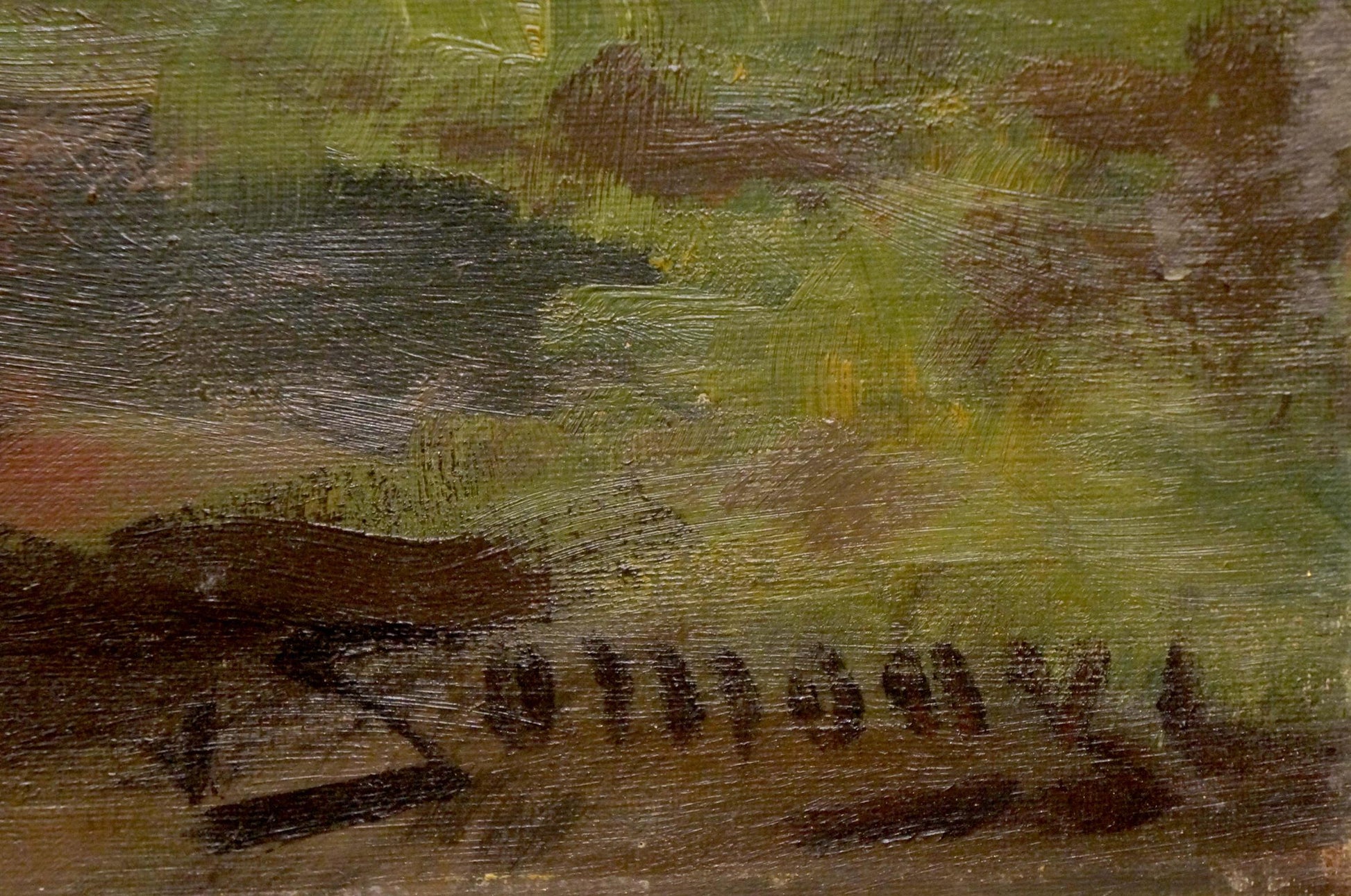 Textured oil painting of running horse in green brown landscape