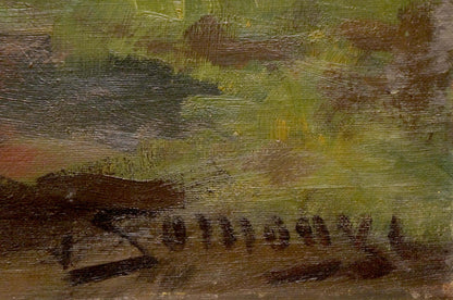 Textured oil painting of running horse in green brown landscape