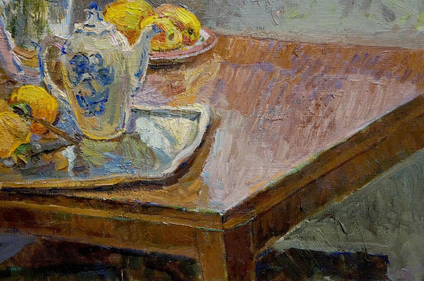 Oil painting of white teapot with blue flowers by Petr Kuzmich Stolyarenko