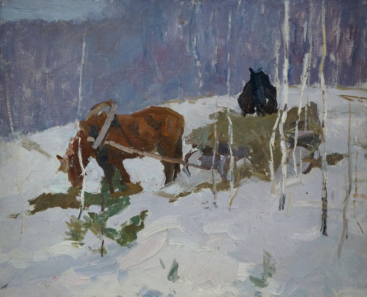 Oil painting by Sevastyanov Viktor Grigorievich: brown horse pulls sled in snowy woods