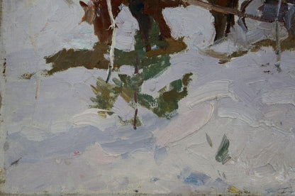 Oil painting In the Woods by Sevastyanov Viktor Grigorievich: snowy landscape with pines and horses