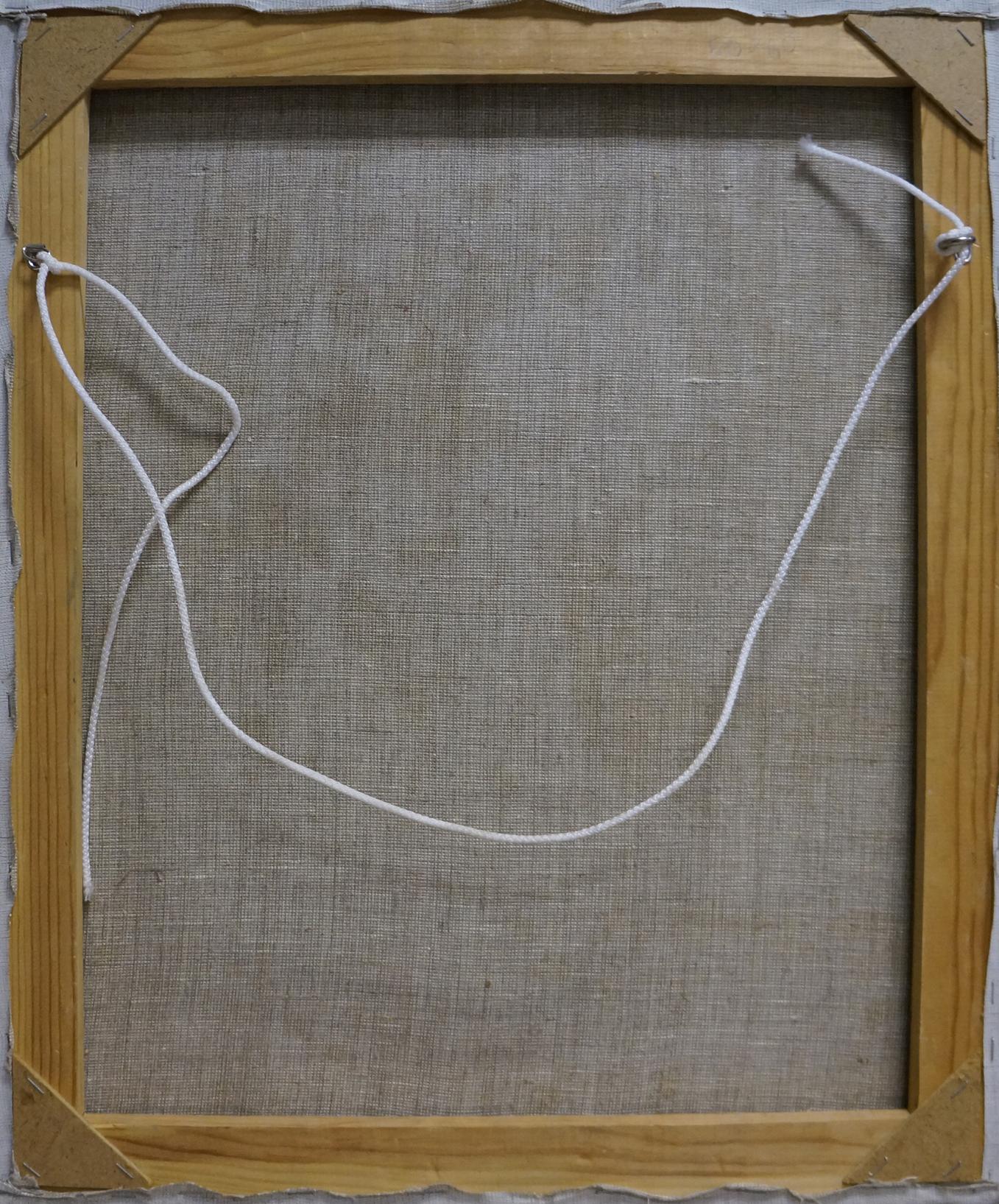 Back of Oil painting Flowers by the window by Petr Kuzmich Stolyarenko, light wood frame, beige linen backing, white hanging string