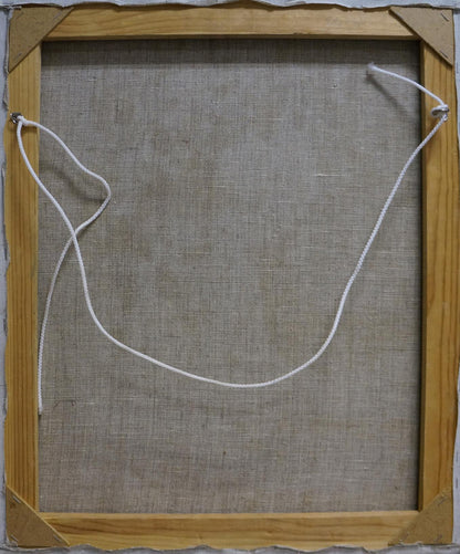 Back of Oil painting Flowers by the window by Petr Kuzmich Stolyarenko, light wood frame, beige linen backing, white hanging string