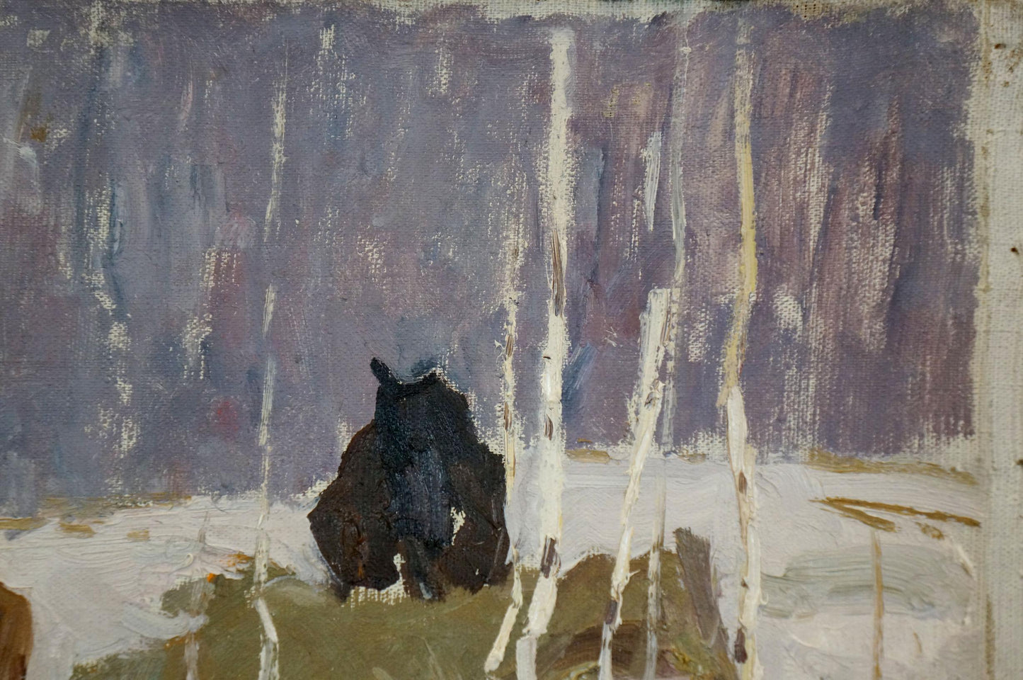 Oil painting by Sevastyanov Viktor Grigorievich: silhouetted bear in snowy birch woods