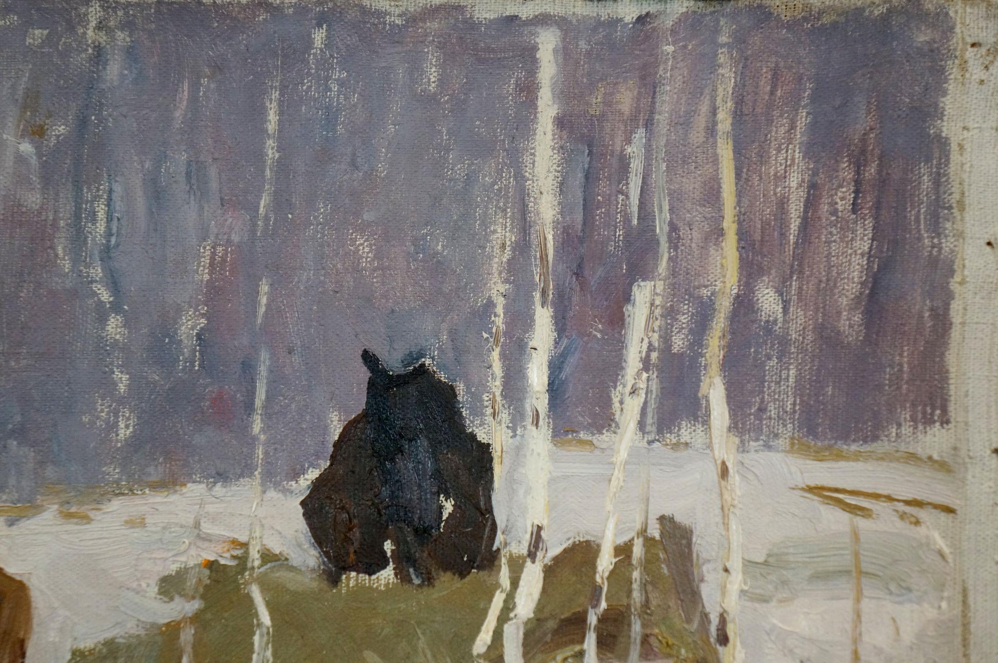 Oil painting by Sevastyanov Viktor Grigorievich: silhouetted bear in snowy birch woods