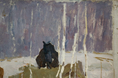 Oil painting by Sevastyanov Viktor Grigorievich: silhouetted bear in snowy birch woods