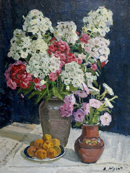 Oil painting of vibrant white pink red flowers in rustic vase by Vladimir Zhugan