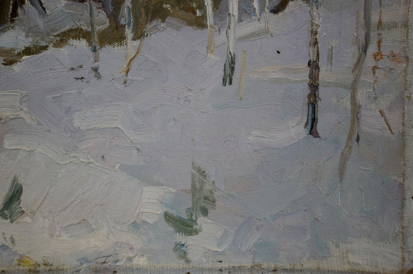 Oil painting In the Woods by Sevastyanov Viktor Grigorievich snowy forest scene