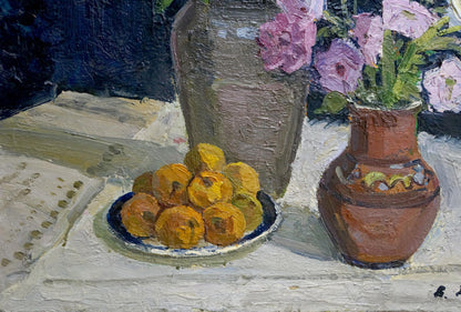 Oil painting Flowers Vladimir Zhugan: rustic terracotta vase with pink flowers
