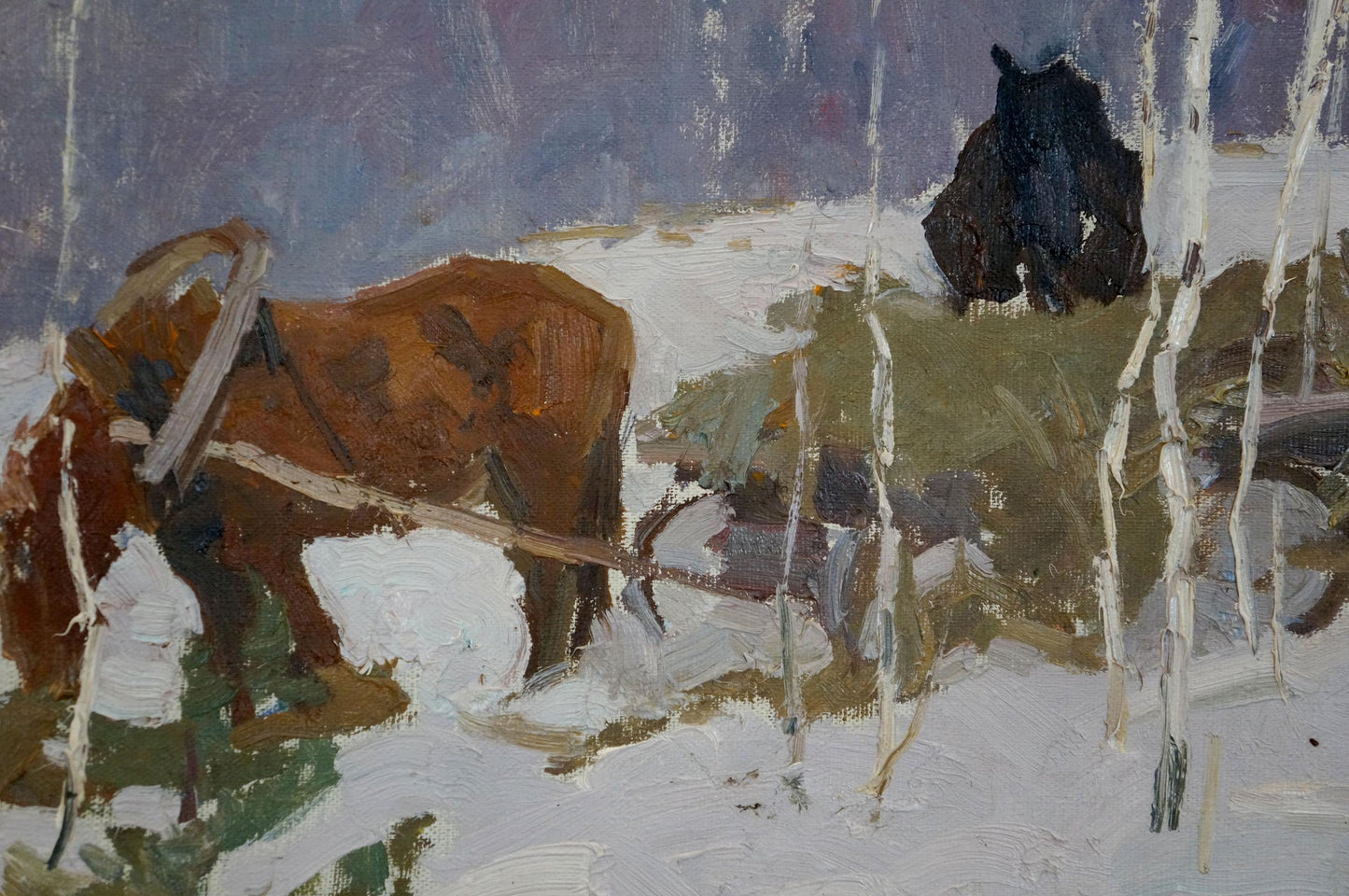 Oil painting by Sevastyanov Viktor Grigorievich: brown harnessed horse in snowy woods