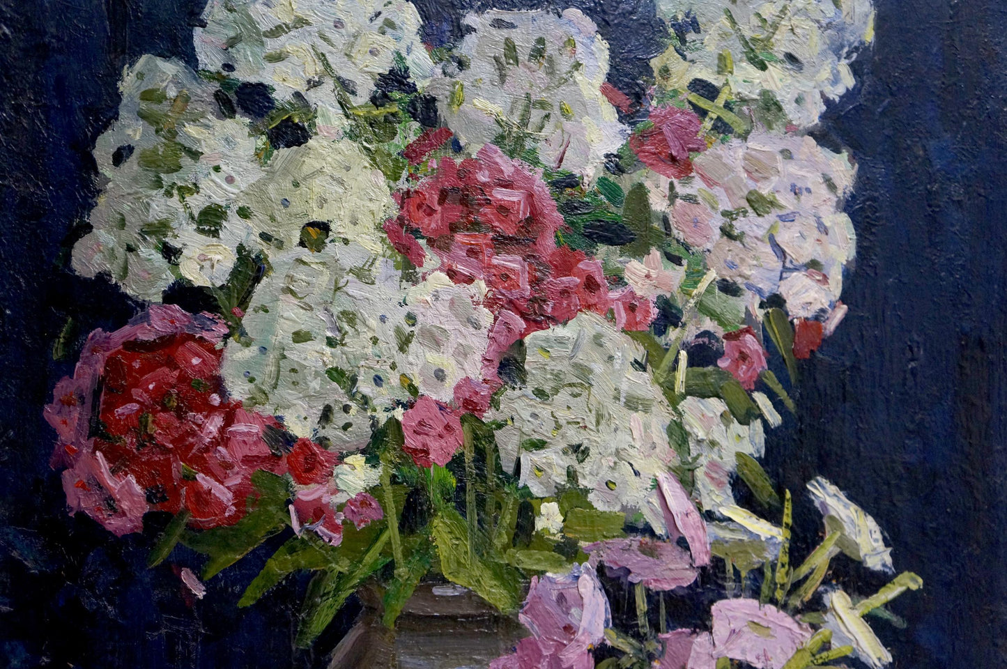 Oil painting of vibrant white pink red hydrangeas by Vladimir Zhugan