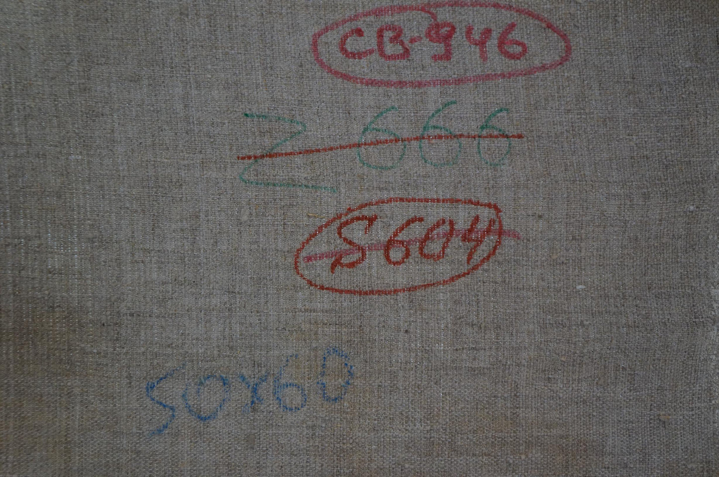 Back of Sevastyanov Viktor Grigorievich Oil painting In the woods: gray textured fabric with red green blue handwritten markings