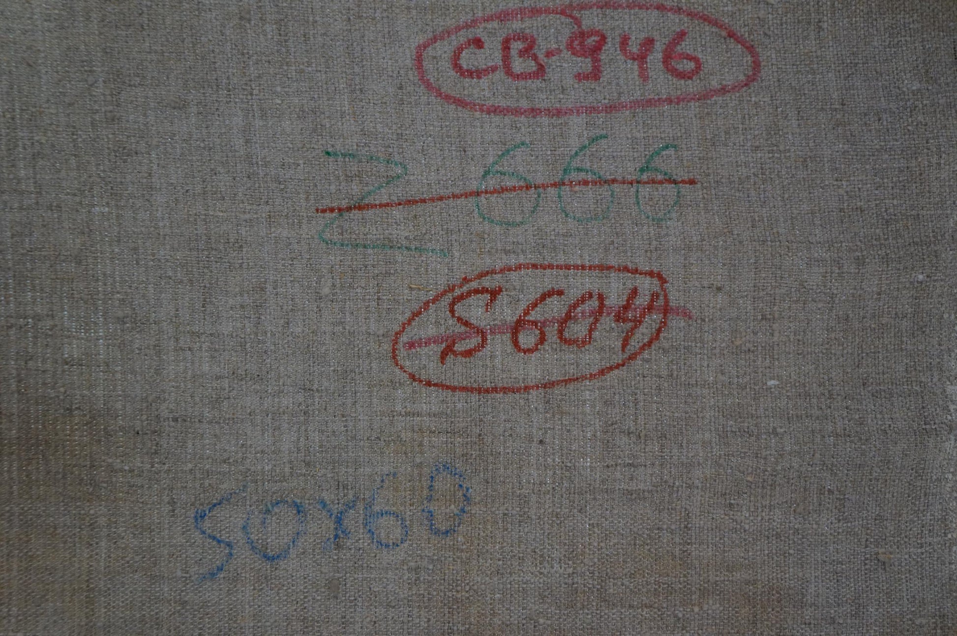 Back of Sevastyanov Viktor Grigorievich Oil painting In the woods: gray textured fabric with red green blue handwritten markings