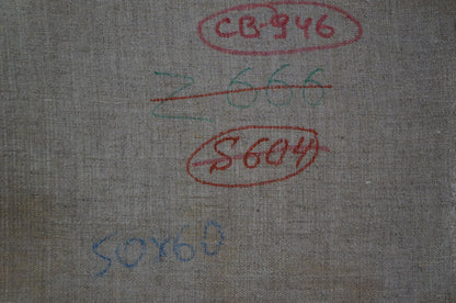 Back of Sevastyanov Viktor Grigorievich Oil painting In the woods: gray textured fabric with red green blue handwritten markings