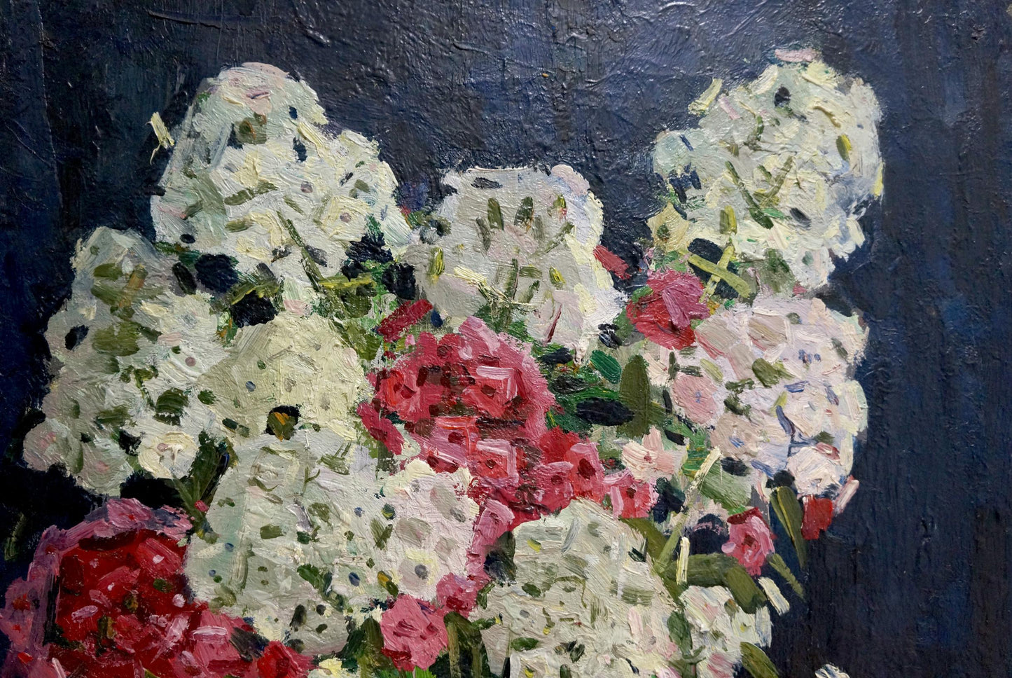 Vibrant impressionist oil painting of pink white hydrangeas by Vladimir Zhugan