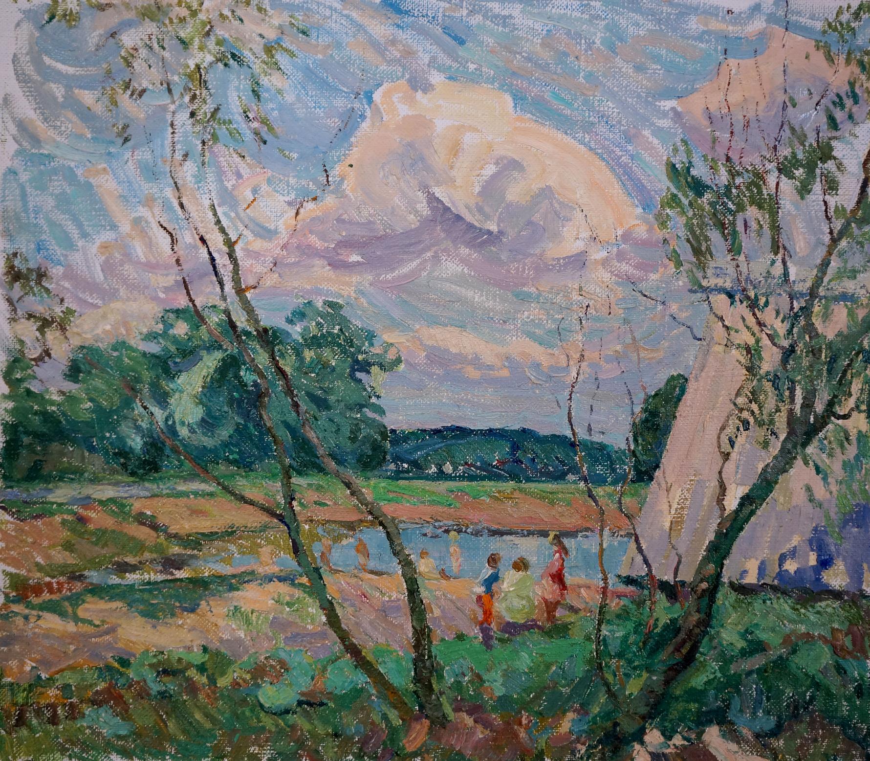Vibrant impressionist oil painting by Sevastyanov of children on riverside shore