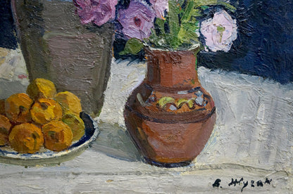 Oil painting Flowers Vladimir Zhugan: terracotta vase with pink flowers